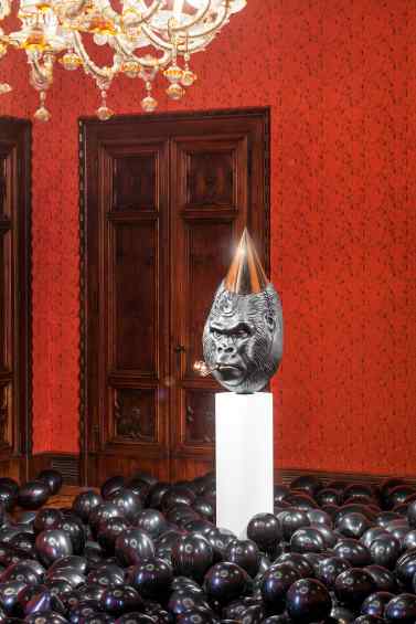 Installation view of the "Beautiful Tomorrow" exhibition in Palazzo Franchetti in Venice, Italy - Big Bang (painted bronze, black), 2016 by Joseph Klibansky