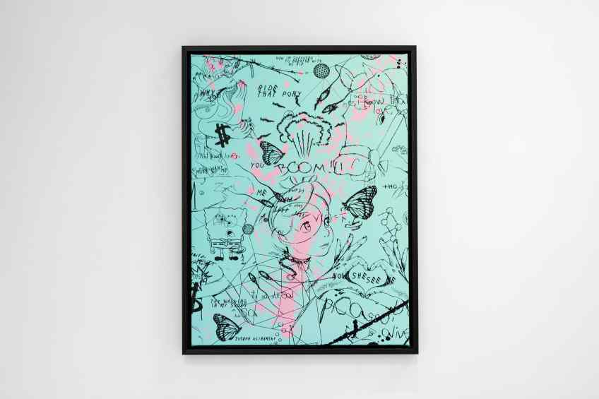 Butterflies Live Forever (small, turquoise blue/pastel pink splash/black), 2018 by Joseph Klibansky