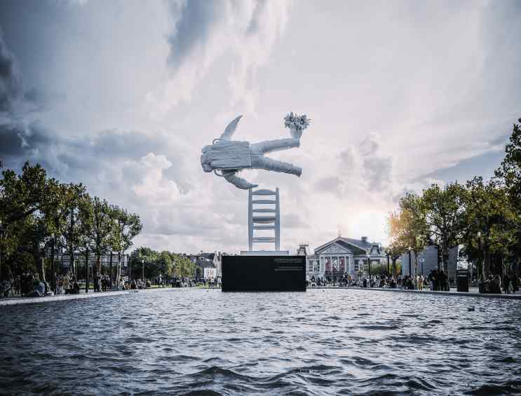 Installation view in pond in the Museum Square, in between the Van Gogh Museum, Stedelijk Museum and Rijksmuseum, in Amsterdam. - Self Portrait of a Dreamer, 2016 by Joseph Klibansky