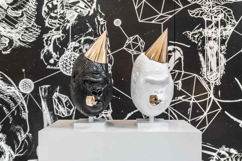Black and White (small) Big Bangs next to each other. - Big Bang (painted bronze, black), 2016 by Joseph Klibansky