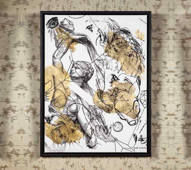 Apple of my Eye (white, black, gold leaf), 2016 by Joseph Klibansky