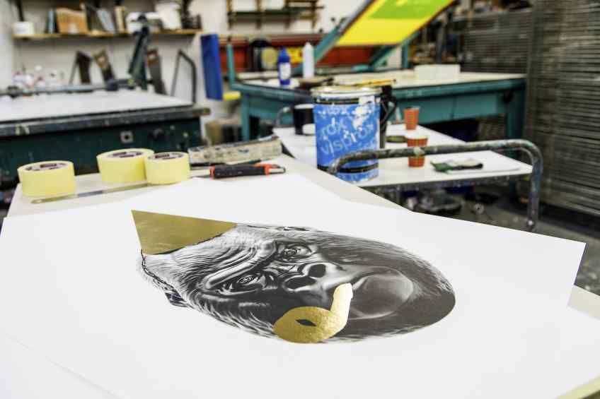 The small Big Bang screen print in the studio - Big Bang (edition, black/gold leaf), 2016 by Joseph Klibansky
