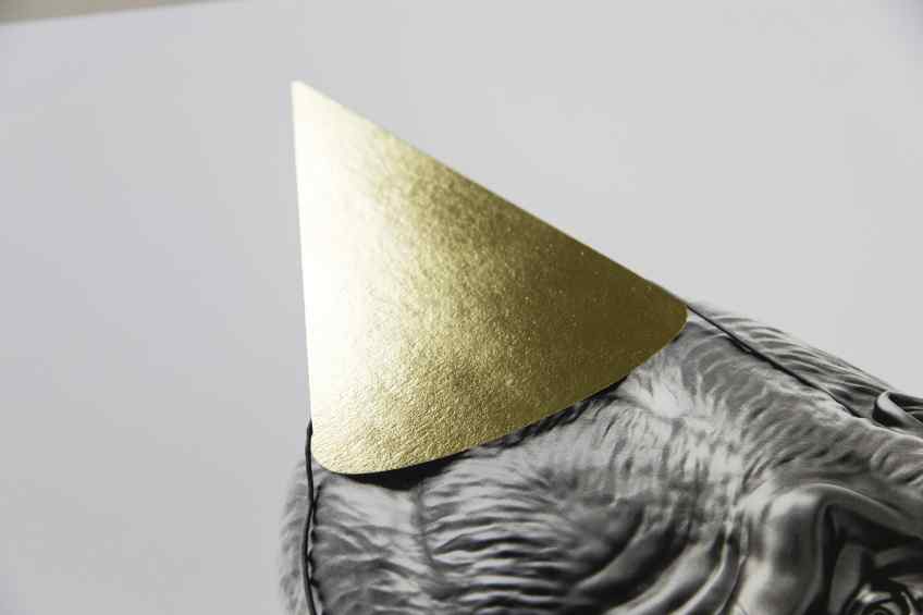 Detail of the hat of an unframed screen print of Big Bang - Big Bang (edition, black/gold leaf), 2016 by Joseph Klibansky
