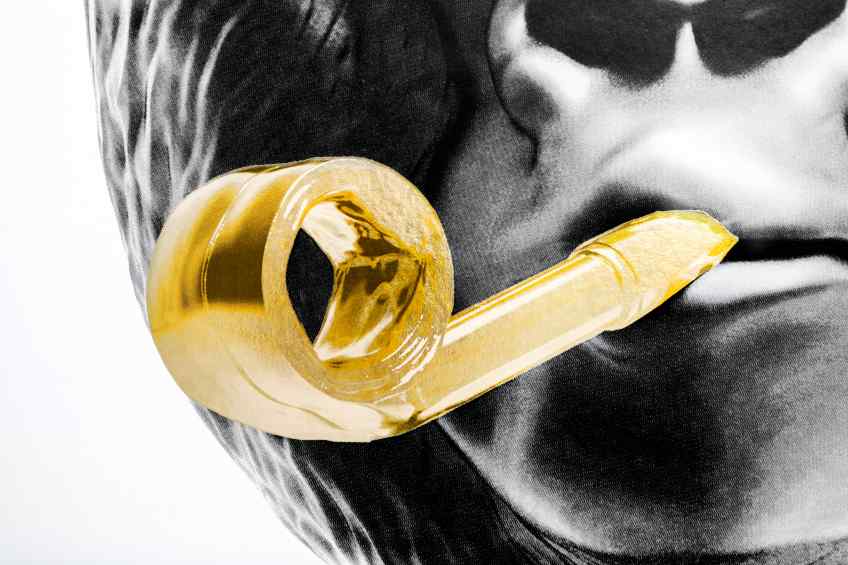 Detail of the whistle of the large Bing Bang screen print - Big Bang (edition, black/gold leaf), 2016 by Joseph Klibansky
