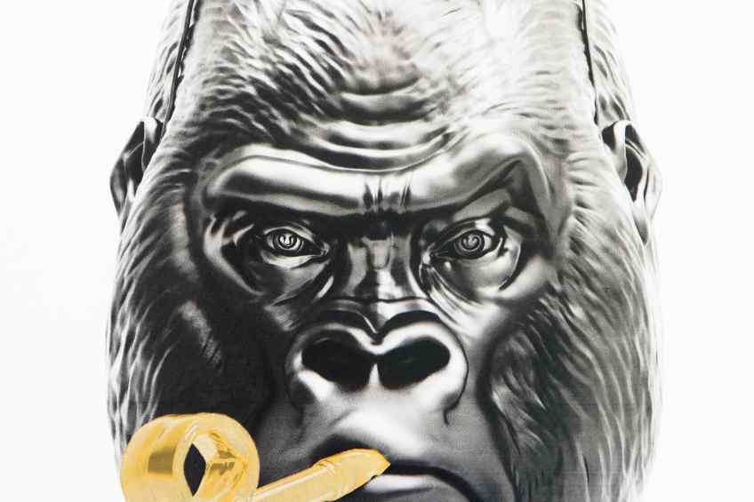 Detail of the face of the small Bing Bang screen print - Big Bang (edition, black/gold leaf), 2016 by Joseph Klibansky