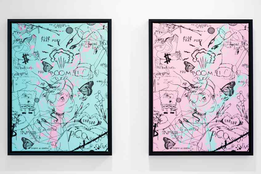 Butterflies Live Forever (small, pastel pink/turquoise blue splash/black), 2018 by Joseph Klibansky