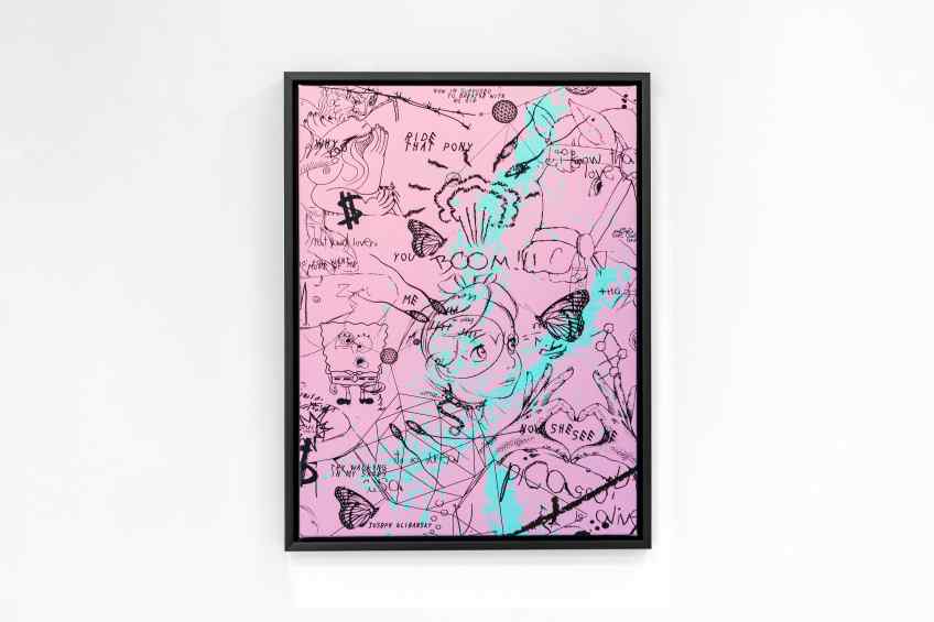 Butterflies Live Forever (small, pastel pink/turquoise blue splash/black), 2018 by Joseph Klibansky