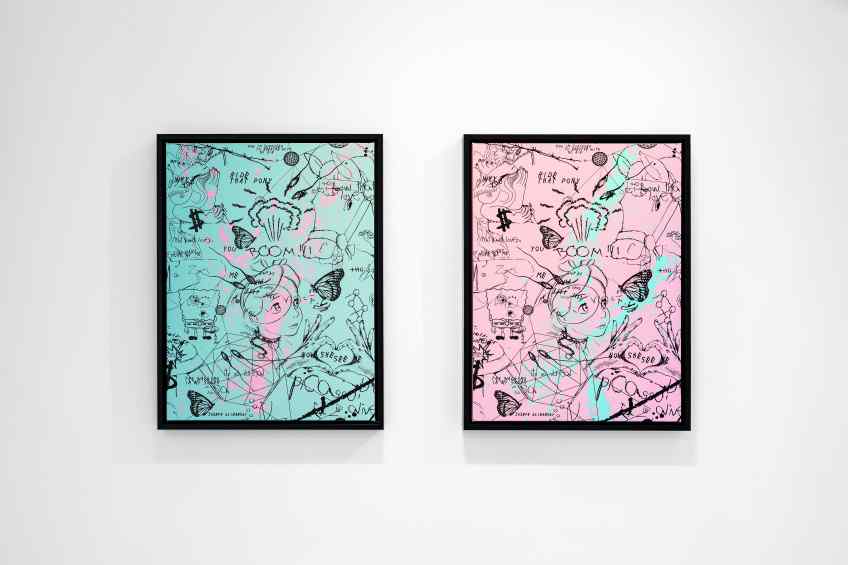 Butterflies Live Forever (small, pastel pink/turquoise blue splash/black), 2018 by Joseph Klibansky