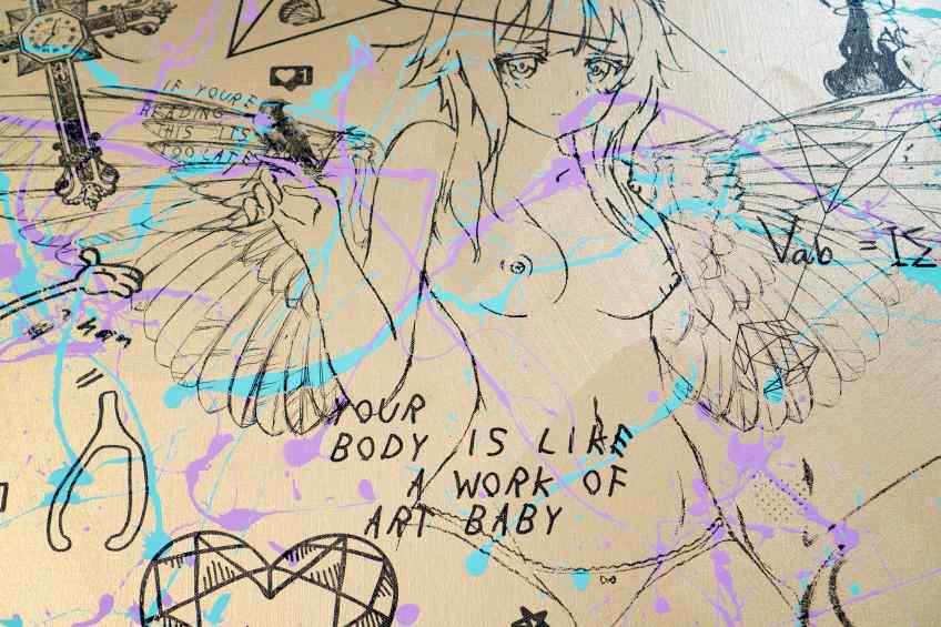 Your Body Is Like A Work Of Art Baby (gold/black, pastel pink and turquoise drips), 2018 by Joseph Klibansky