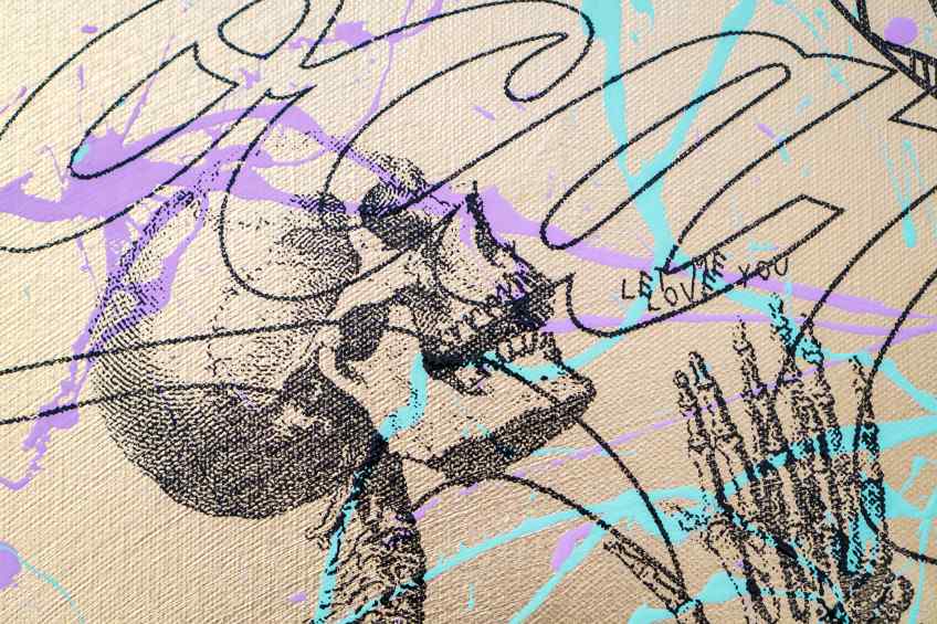 Your Body Is Like A Work Of Art Baby (gold/black, pastel pink and turquoise drips), 2018 by Joseph Klibansky