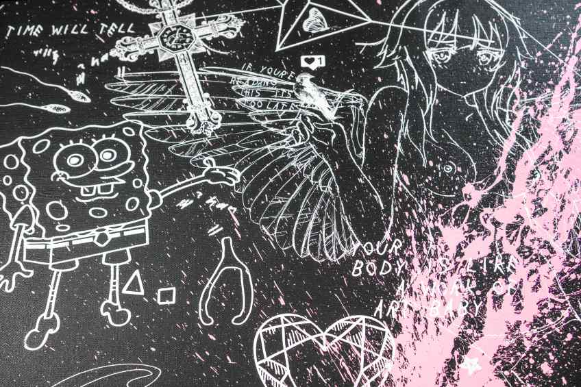 Your Body Is Like A Work Of Art Baby (black/white, pink splash), 2018 by Joseph Klibansky