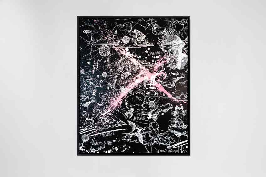 Take Me To Paradise (black/white, pink splash), 2019 by Joseph Klibansky