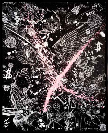 Villains In My Head (black/white, pink splash), 2019 by Joseph Klibansky