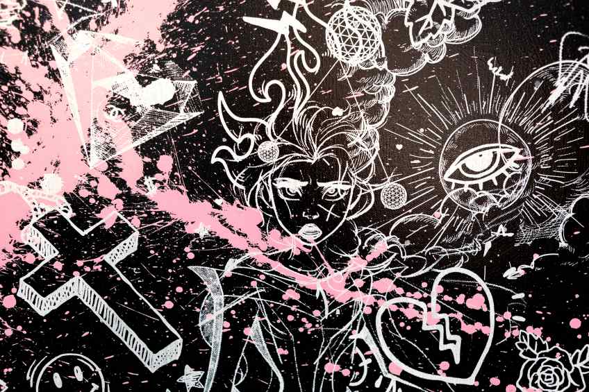 Villains In My Head (black/white, pink splash), 2019 by Joseph Klibansky
