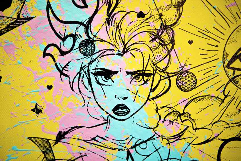 Villains In My Head (yellow/black, pink and turquoise splash), 2019 by Joseph Klibansky