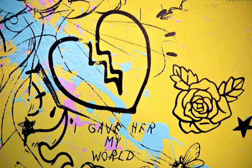 Villains In My Head (yellow/black, pink and turquoise splash), 2019 by Joseph Klibansky