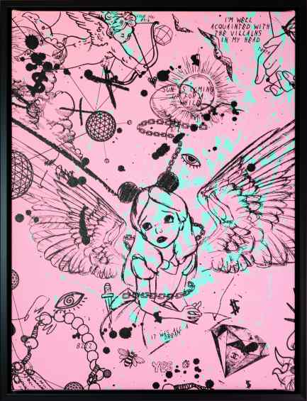 Villains In My Head (small 1, pastel pink, turquoise splash/black), 2019 by Joseph Klibansky