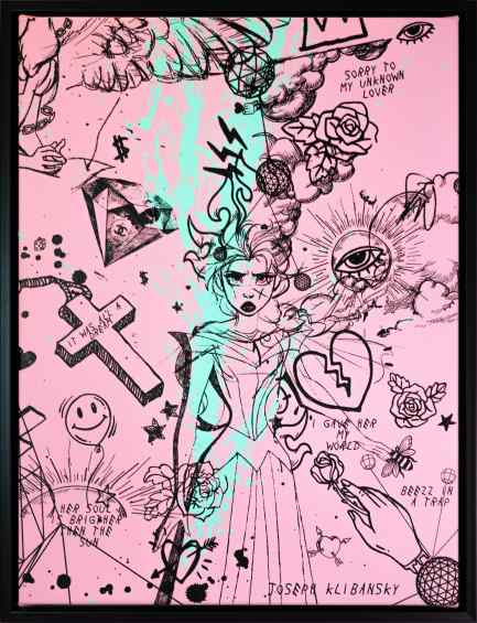 Villains In My Head (small 2, pastel pink, turquoise splash/black), 2019 by Joseph Klibansky