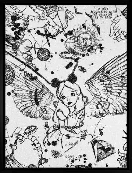 Villains In My Head (small 1, white/black, diamond dust), 2019 by Joseph Klibansky
