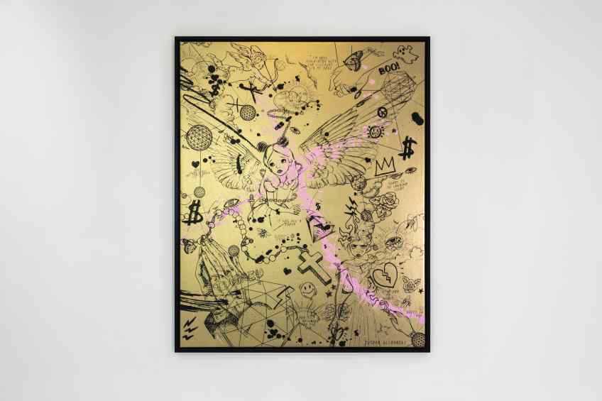 Villains In My Head (gold/black, pastel pink splash), 2019 by Joseph Klibansky