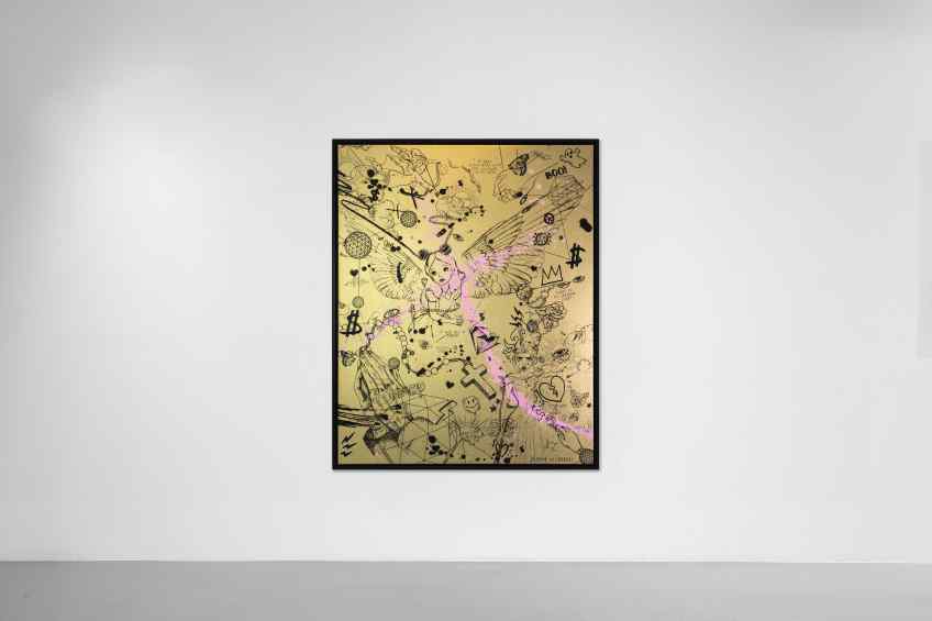 Villains In My Head (gold/black, pastel pink splash), 2019 by Joseph Klibansky