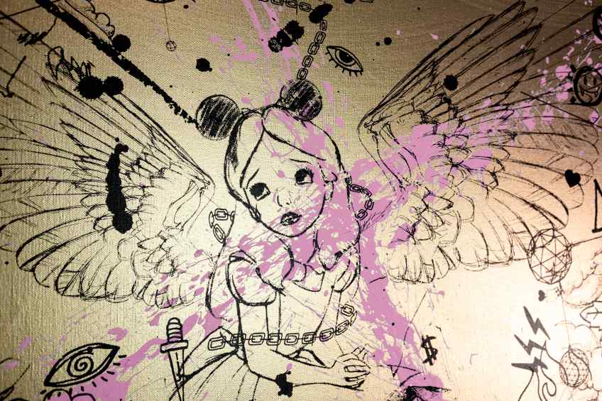 Villains In My Head (gold/black, pastel pink splash), 2019 by Joseph Klibansky
