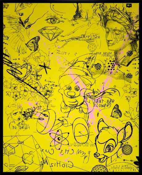 I Sent Her Flowers (yellow/black, pastel pink splash), 2019 by Joseph Klibansky