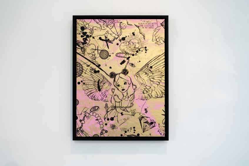 Villains In My Head (small 1, gold, pastal pink splash/black), 2019 by Joseph Klibansky