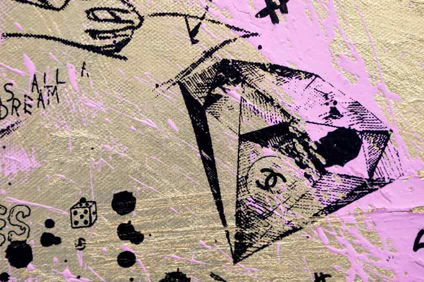 Villains In My Head (small 1, gold, pastal pink splash/black), 2019 by Joseph Klibansky