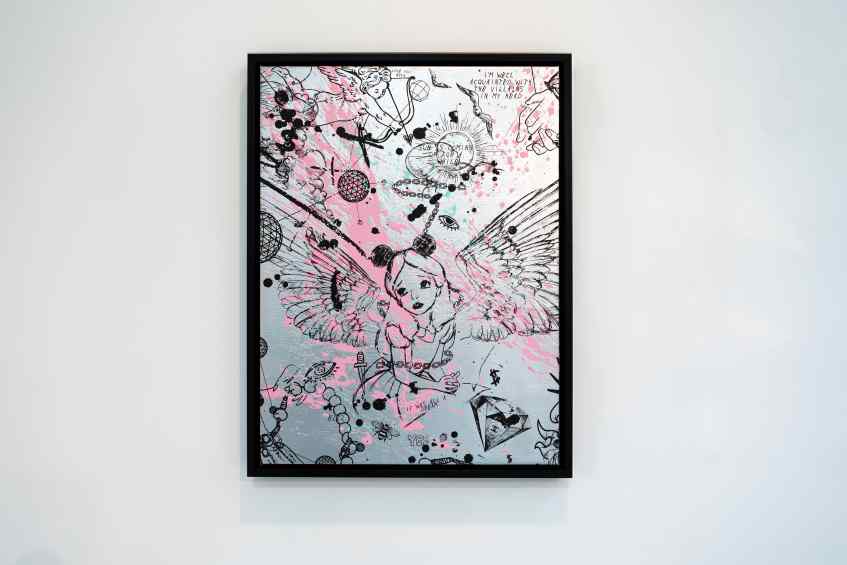 Villains In My Head (small 1, silver, pastal pink and turquoise splash/black), 2019 by Joseph Klibansky