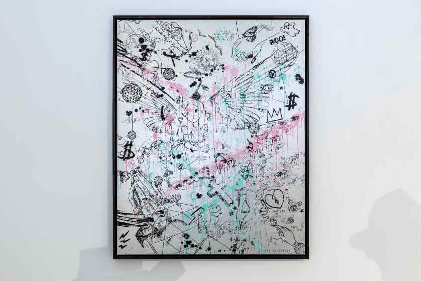 Villains In My Head (silver/black, pastel pink and turquoise splash), 2019 by Joseph Klibansky