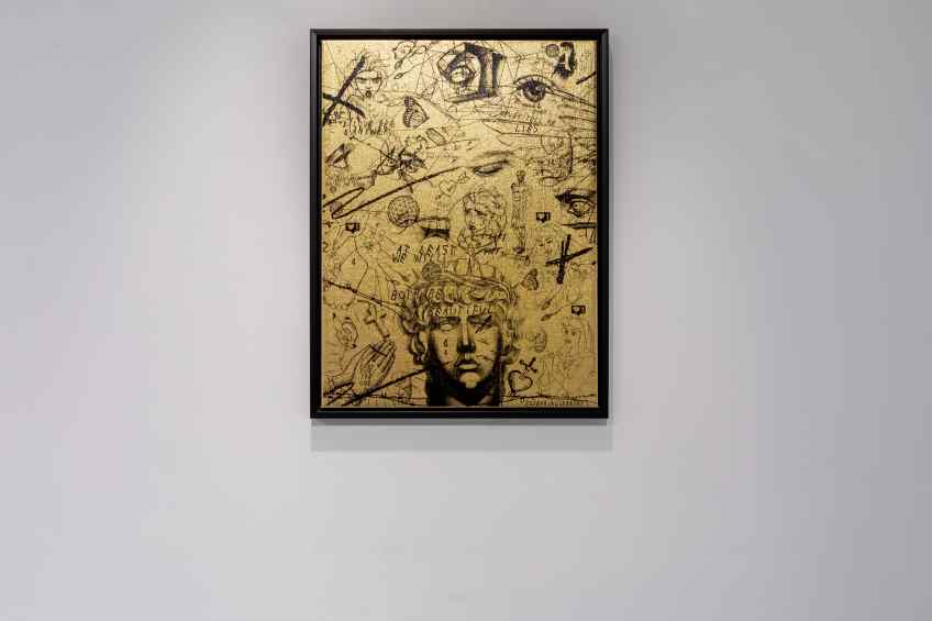 At Least We Will Both Be Beautiful (gold colored metal leaf/black), 2019 by Joseph Klibansky