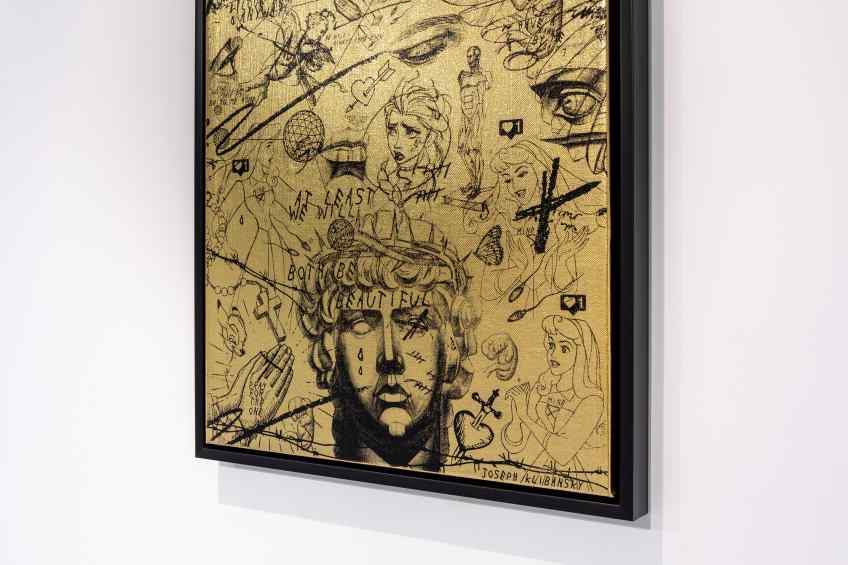 At Least We Will Both Be Beautiful (gold colored metal leaf/black), 2019 by Joseph Klibansky
