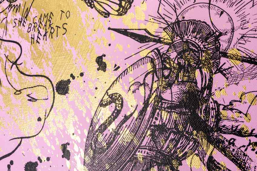 She Came To Break Hearts (pink/black, gold splash), 2020 by Joseph Klibansky