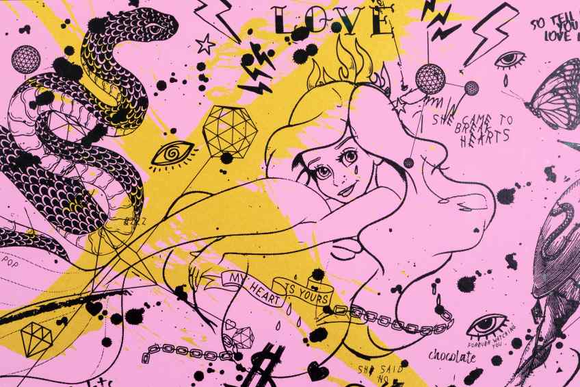 She Came To Break Hearts (edition, pink/black, gold splash), 2020 by Joseph Klibansky