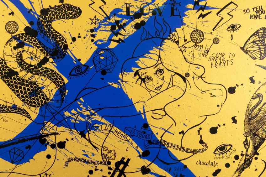 She Came To Break Hearts (edition, gold/black, ultramarine blue splash), 2020 by Joseph Klibansky