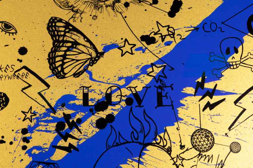 She Came To Break Hearts (edition, gold/black, ultramarine blue splash), 2020 by Joseph Klibansky