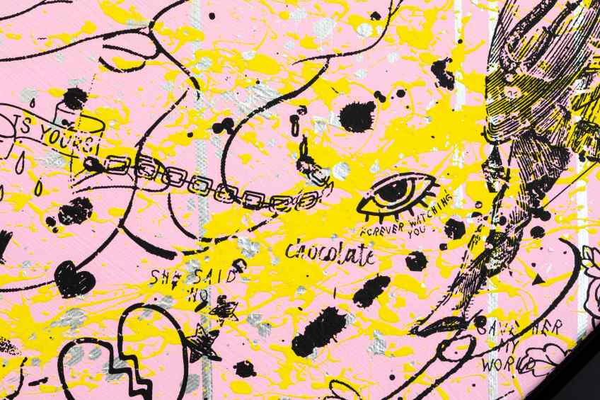 She Came To Break Hearts (pink/black, yellow splash and silver drips), 2020 by Joseph Klibansky