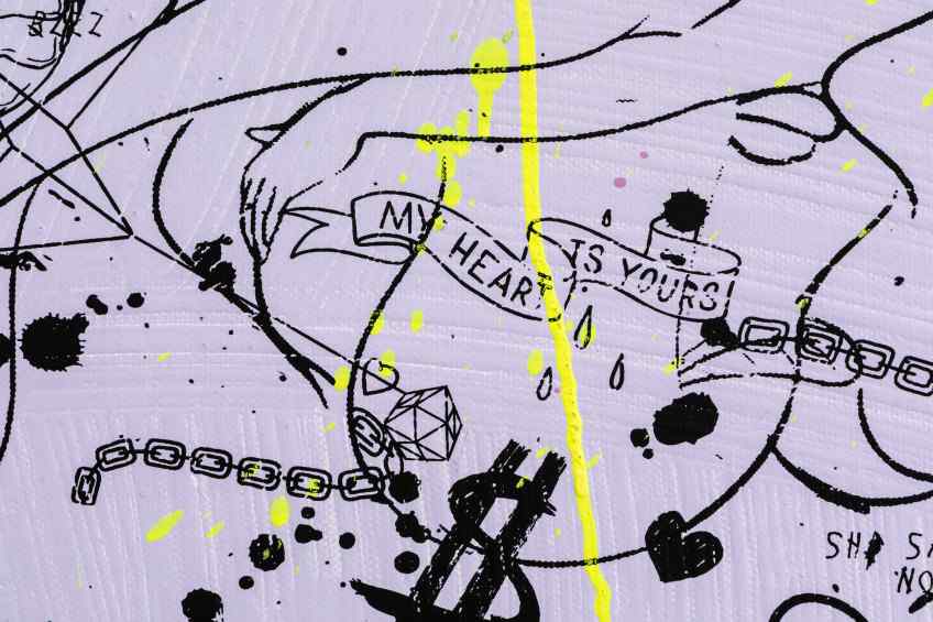 She Came To Break Hearts (lilac/black, fluorescent yellow drips), 2020 by Joseph Klibansky