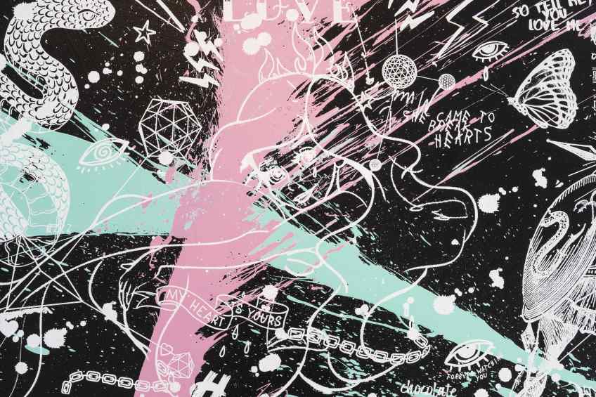 She Came To Break Hearts (black/white, pastel pink and turquoise splash), 2020 by Joseph Klibansky
