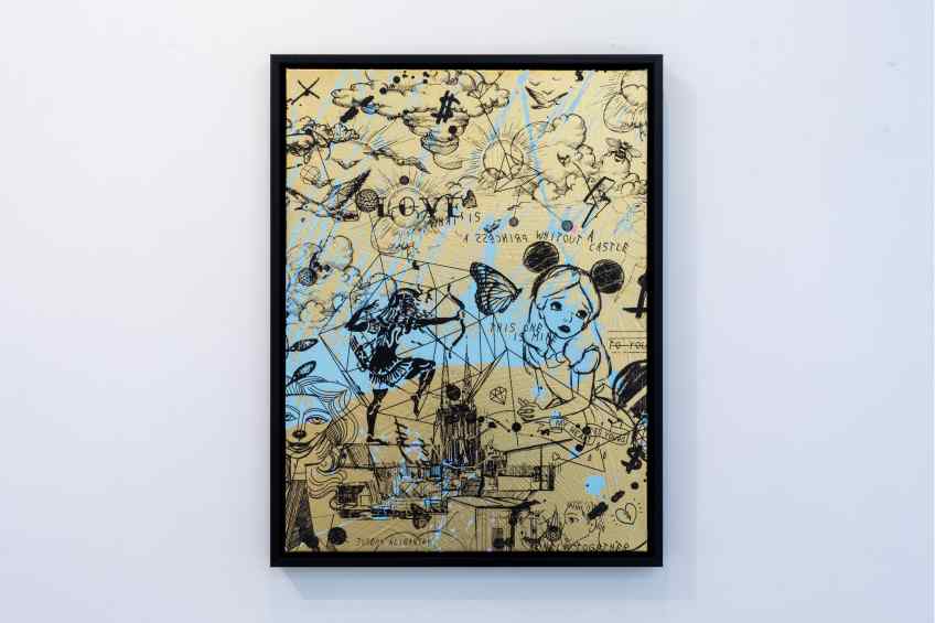 Behind the Clouds (gold/black, light blue splash), 2020 by Joseph Klibansky