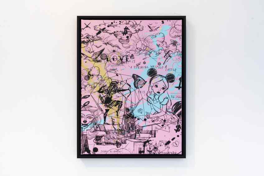 Behind the Clouds (pink/black, light blue and gold splash), 2020 by Joseph Klibansky