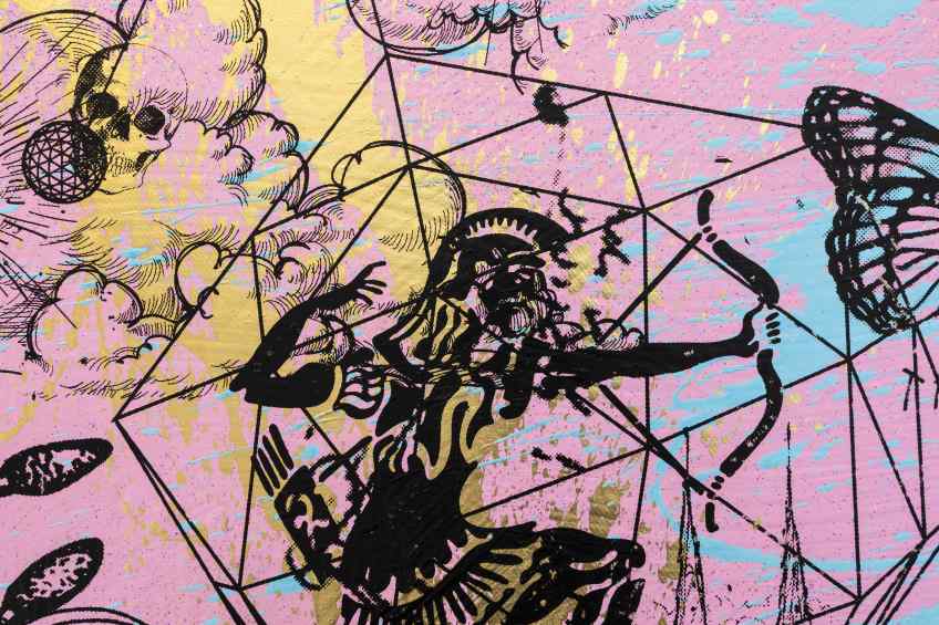 Behind the Clouds (pink/black, light blue and gold splash), 2020 by Joseph Klibansky