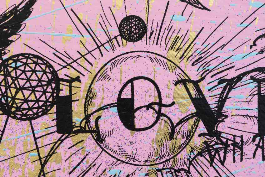 Behind the Clouds (pink/black, light blue and gold splash), 2020 by Joseph Klibansky