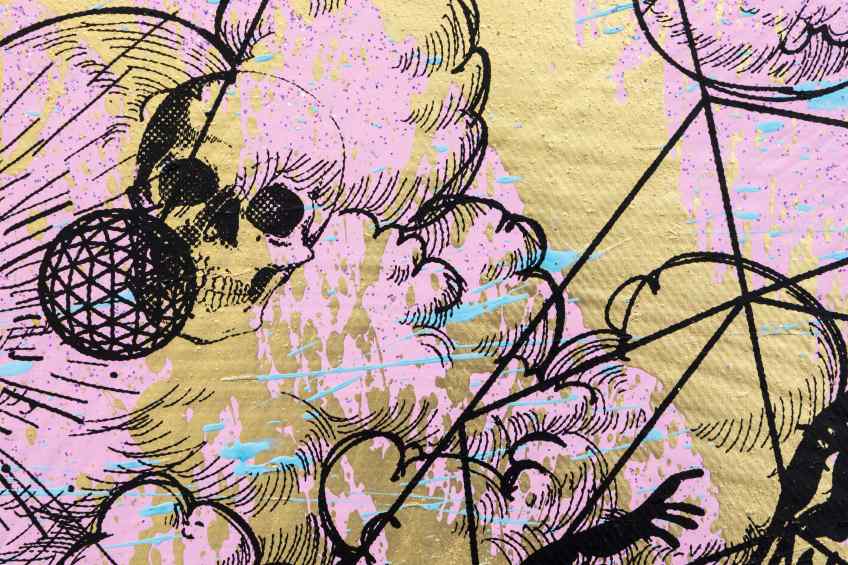 Behind the Clouds (pink/black, light blue and gold splash), 2020 by Joseph Klibansky