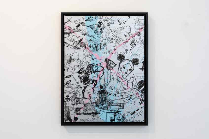 Behind the Clouds (silver/black, light blue and pastel pink splash) I, 2020 by Joseph Klibansky