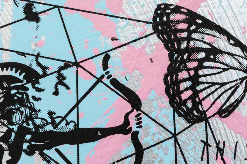 Behind the Clouds (silver/black, light blue and pastel pink splash) I, 2020 by Joseph Klibansky