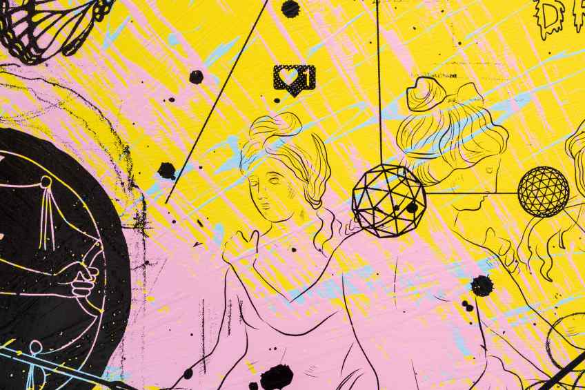 Can We Kiss Forever (yellow/black, pastel pink and blue splash), 2020 by Joseph Klibansky