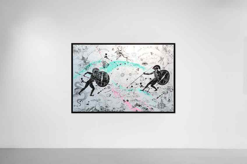 Can We Kiss Forever (silver/black, pastel pink and turquoise splash), 2020 by Joseph Klibansky