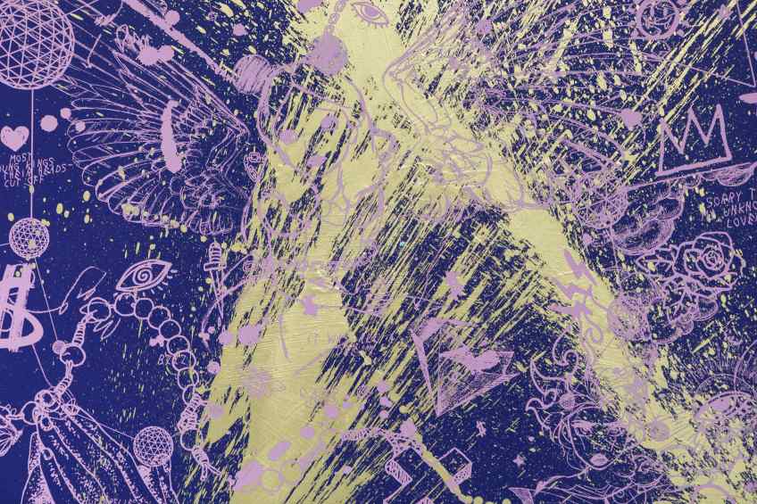 Villains In My Head (ultramarine blue/pink, gold splash), 2022 by Joseph Klibansky